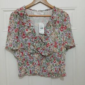 Astr womens large cropped green red smocked cross front ditsy Flora shirt top